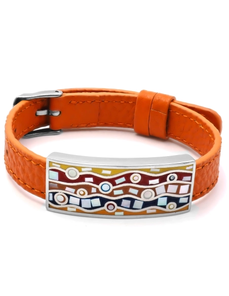 Bracelet acier - émail - nacre - cuir orange - largeur 1cm - bracel...