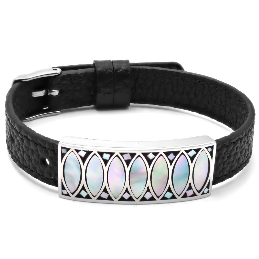 Bracelet acier - émail - nacre - cuir noir - largeur 1cm - bracelet...