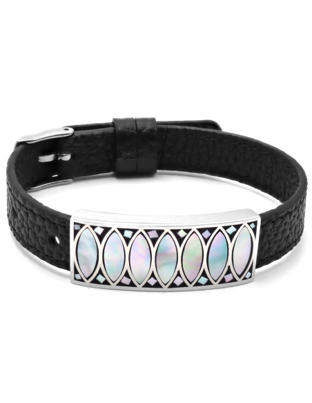 Bracelet acier - émail - nacre - cuir noir - largeur 1cm - bracelet...