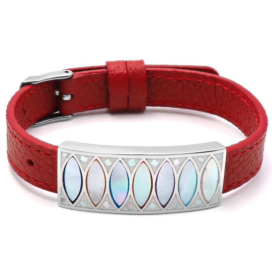 Bracelet acier - émail - nacre - cuir rouge - largeur 1cm - bracele...