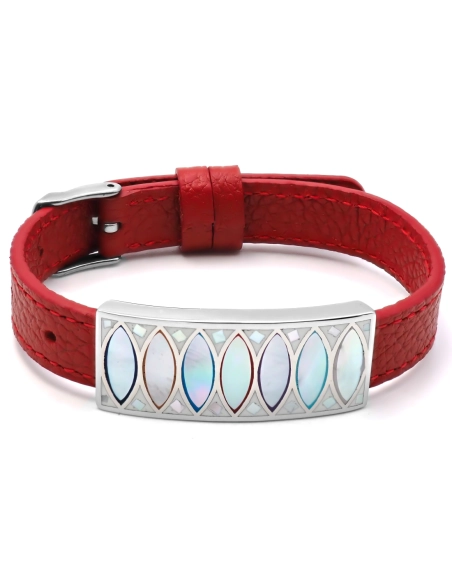 Bracelet acier - émail - nacre - cuir rouge - largeur 1cm - bracele...