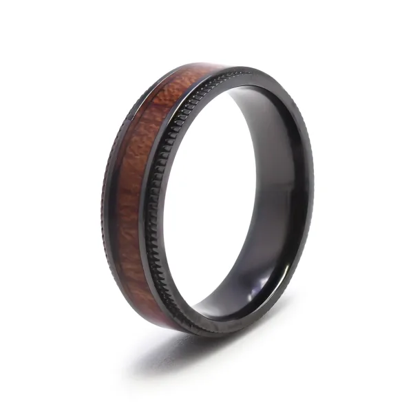 Bague en black zirconium - PVD noir - bois koa incrusté - largeur 6...
