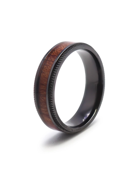 Bague en black zirconium - PVD noir - bois koa incrusté - largeur 6...