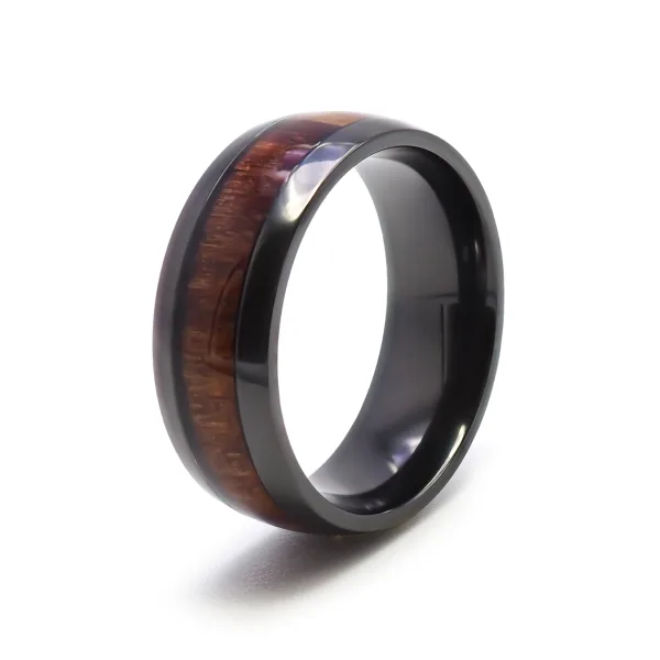 Bague en black zirconium - PVD noir - bois koa incrusté - largeur 8...