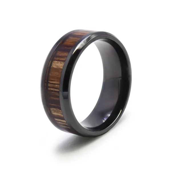 Bague en black zirconium - PVD noir - bois teinté multicolore incru...