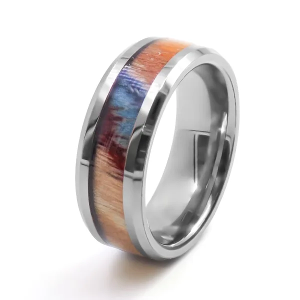 Bague en tungstène - bois teinté multicolore incrusté - largeur 8mm...