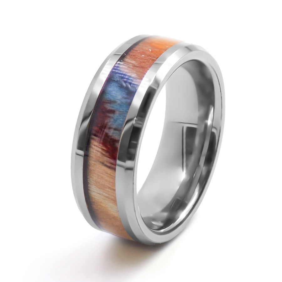Bague en tungstène - bois teinté multicolore incrusté - largeur 8mm...