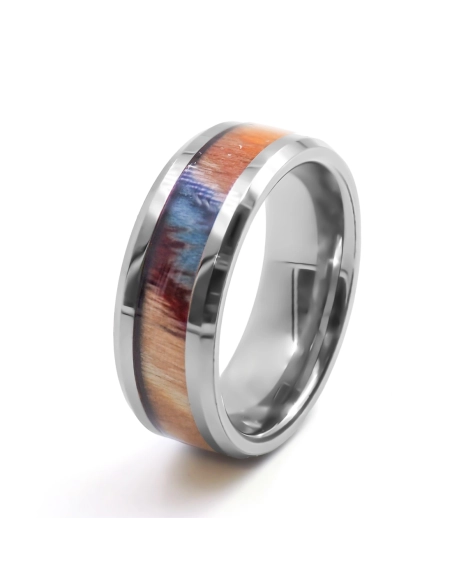 Bague en tungstène - bois teinté multicolore incrusté - largeur 8mm...