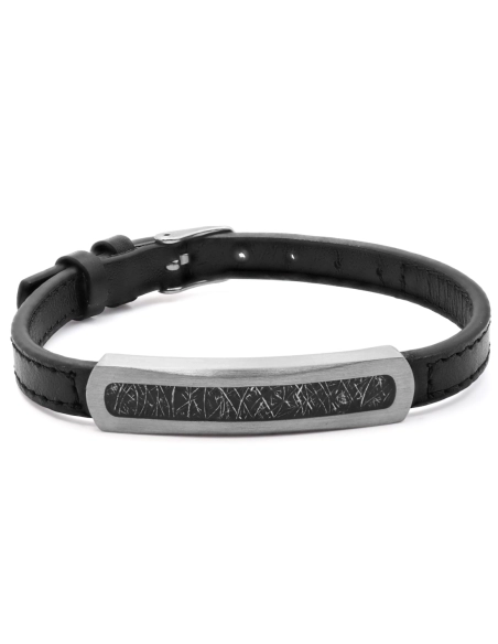 Bracelet en acier - cuir noir - imitation meteorite noire incrustée...