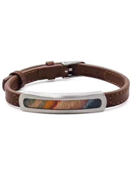 Bracelet en acier - cuir marron - PVD noir - bois teinté mutlicolor...