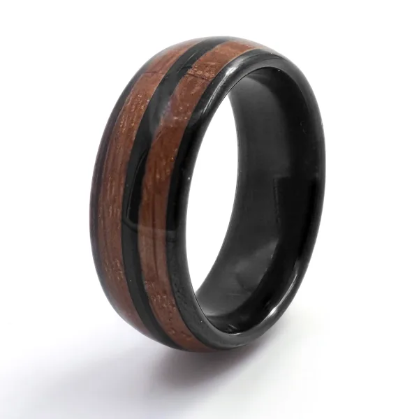 Bague en tungstène - PVD noir - bois de baril de whisky incrusté - ...