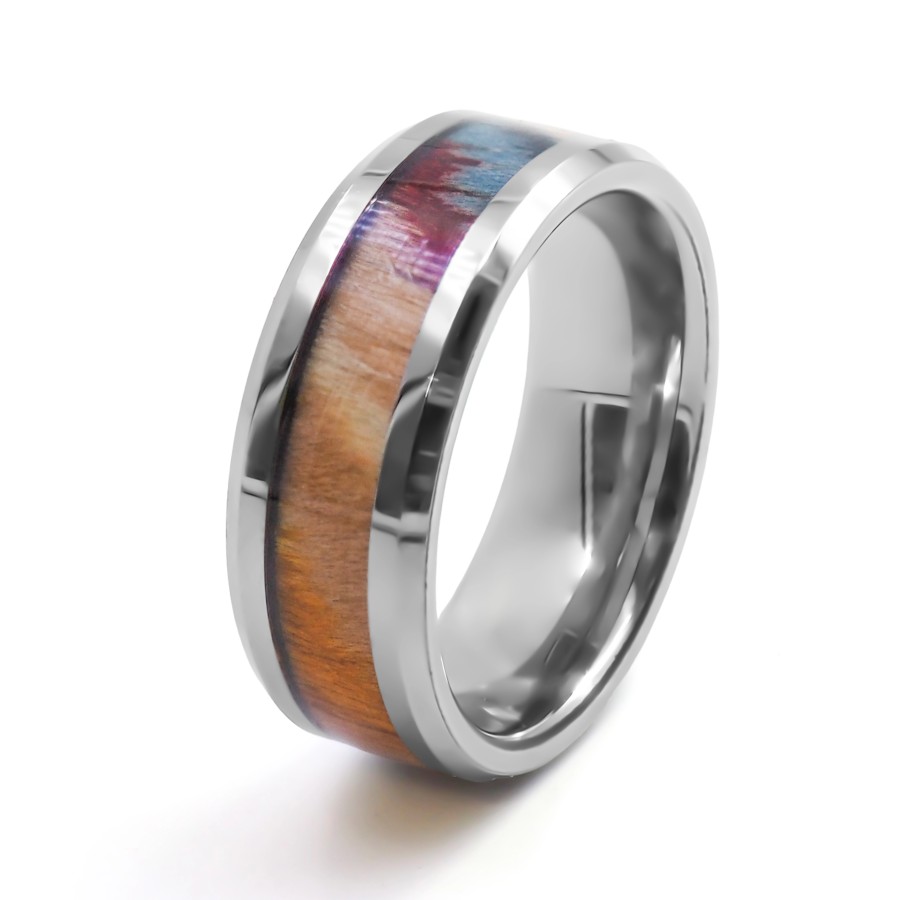 Bague en tungstène - bois teinté multicolore incrusté - largeur 8mm...