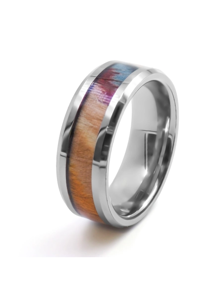 Bague en tungstène - bois teinté multicolore incrusté - largeur 8mm...