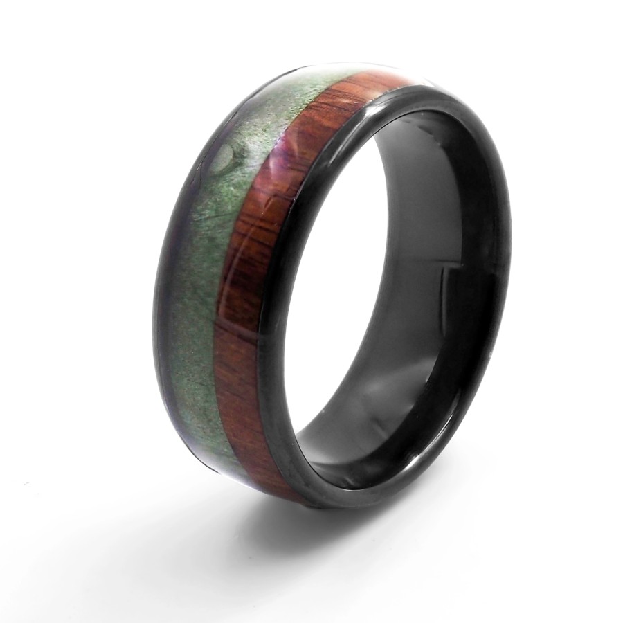 Bague en tungstène - PVD noir - bois de teck et bois teinté vert - ...