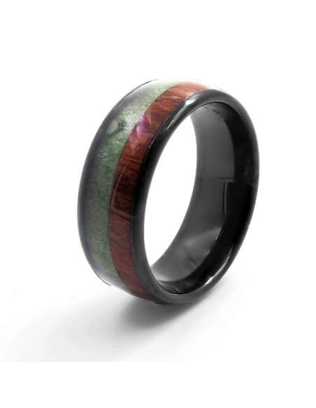 Bague en tungstène - PVD noir - bois de teck et bois teinté vert - ...