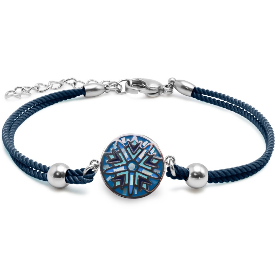 Bracelet acier coton bleu foncé - email et nacre - 15+5cm - Grossis...