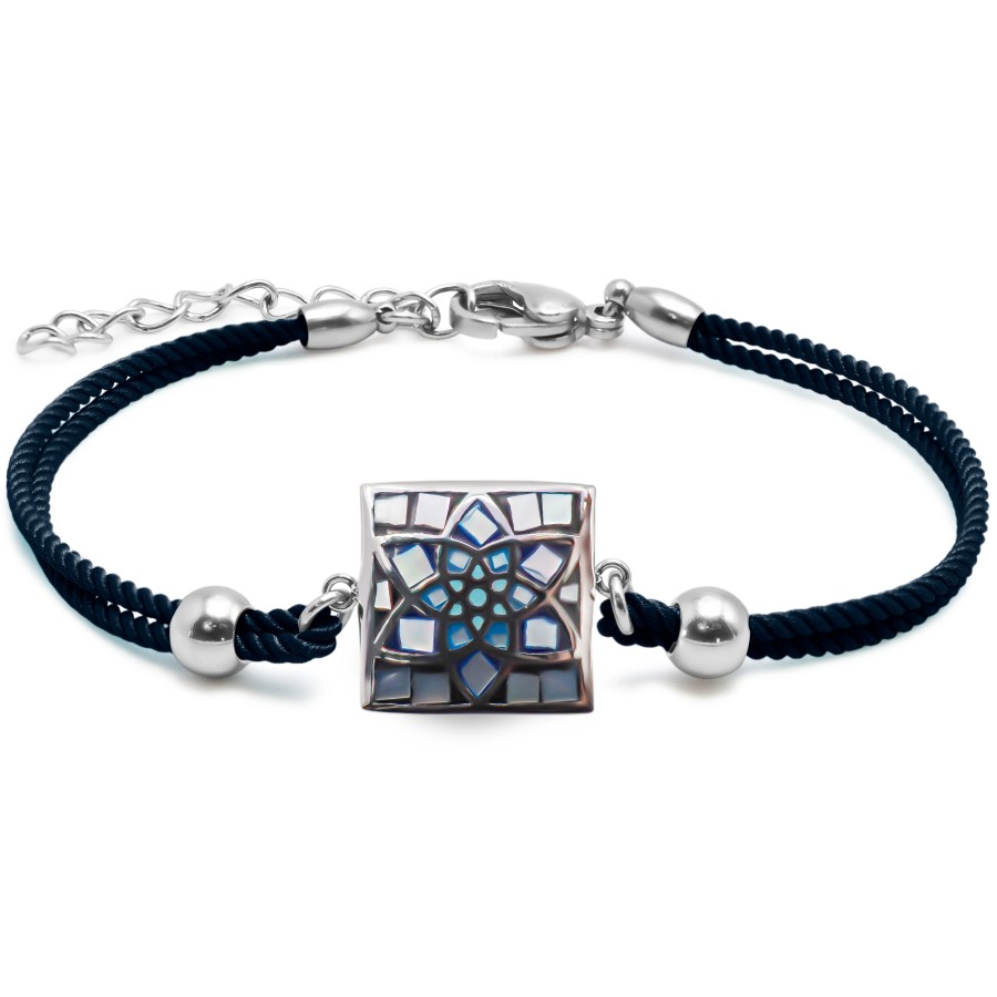 Bracelet acier coton noir - email et nacre - 15+5cm - Grossiste Bij...